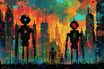 A retrofuturistic cityscape with bold lines and flat colors, depicting robots walking through skyscrapers in a colorful urban environment with an atmosphere reminiscent of vintage sci-fi movie posters