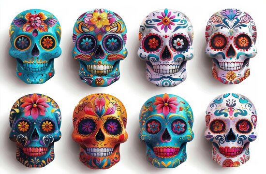 A set of colorful sugar skulls on a white background