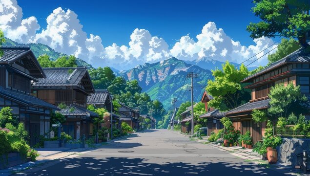 A tranquil street in the Japanese countryside, lined with quaint houses and greenery, depicted in the style of an anime illustration. 