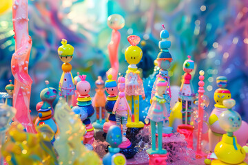 Design a vibrant and imaginative scene of lead dolls in a colorful universe