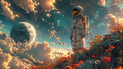 Astronaut auf Blumenwiese - obrazy, fototapety, plakaty