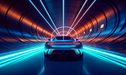 Ingelijste posters car of the future rides on the road in the tunnel, eco clean environment without harmful waste, neon light at night in the tunnel. illustration, Generative AI  © The Picture Show