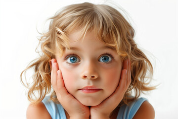 Child with hands on face, staring at camera on white background 