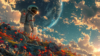 Astronaut auf Blumenwiese