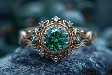 Ring with green and precious stones, selective focus