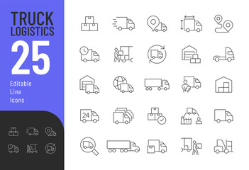 Truck Logistics Line Editable Icons set. Vector illustration in modern thin line style of cargo transportation related icons: trucks, forklift, inspection, and more. Pictograms and infographics.