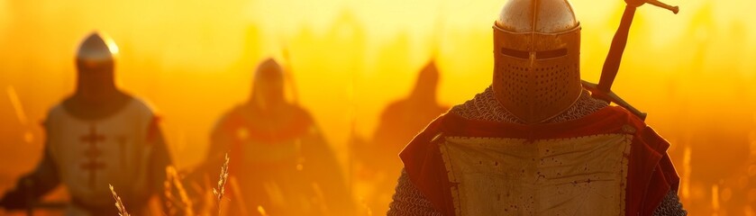 In the golden light of sunset Knights Templar as Christian Warriors vow to find the Holy Grail - obrazy, fototapety, plakaty