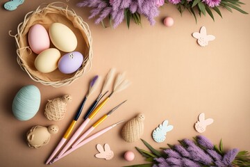 Easter concept. Top view photo of paintbrushes colorful easter eggs in bowl wooden bunnies chicken pink ribbon nest and lavender flowers on isolated beige background with copy space, Generative AI