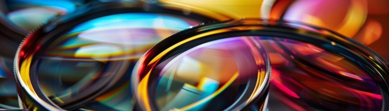 Colorful reflections on the multiple layers of lens elements revealing the complexity of DSLR lens construction