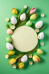 Easter concept. Top view vertical photo of white circle quail eggs fresh flowers bunches of colorful tulips on isolated light green background with, Generative AI 