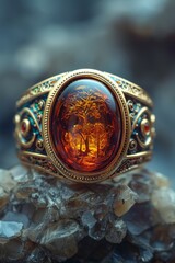 Macro photo of a gold jewelry ring with an amber stone