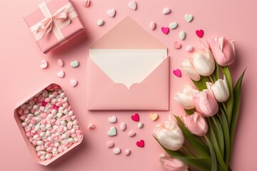 Mother's Day concept. Top view photo of gift boxes bunches of pink and white tulips open envelope with letter and heart shaped saucer with sprinkles on isolated pastel pink background, Generative AI