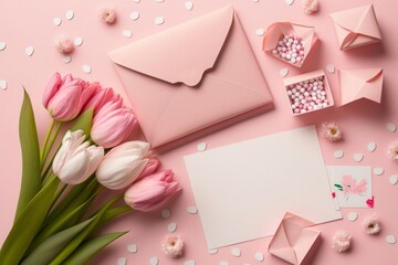 Mother's Day concept. Top view photo of gift boxes bunches of pink and white tulips open envelope with letter and heart shaped saucer with sprinkles on isolated pastel pink background, Generative AI