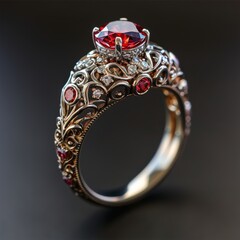 Carved jewelry ring with red garnet or ruby ​​stones