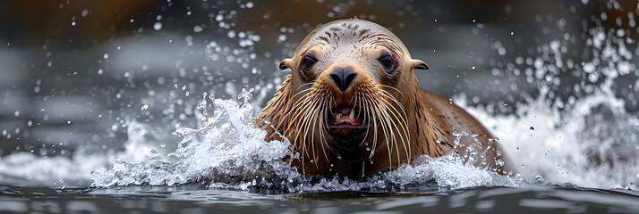 Adult male Steller sea lion Eumetopias jubatus,
Close up of sea otter swimming in body of water with it's head above the water's surface