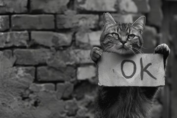cat holds sign with inscription ok ,agreement concept - obrazy, fototapety, plakaty