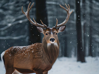 Noble deer male in the winter snow forest. Artistic winter Christmas landscape.