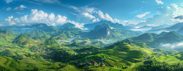 a painting of a green valley with mountains in the background