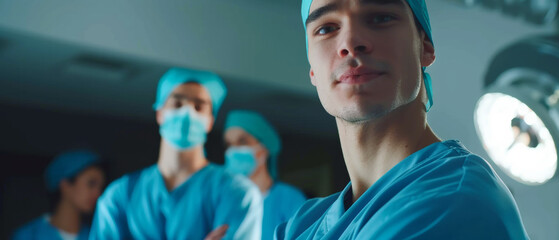 Confident medical professionals stand ready, exuding teamwork in the operating room's blue glow.