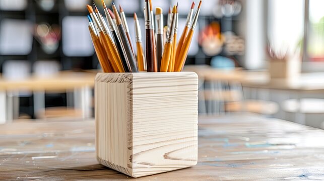 Artistic Workspace: Pencils and Brushes in Wooden Glass