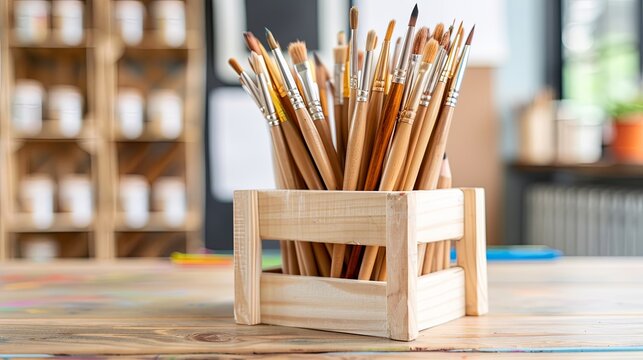 Artistic Workspace: Pencils and Brushes in Wooden Glass