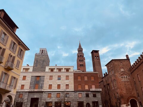 Cremona, Italia Square Antonio Stradivari Gia square Cavour. Historical architecture concept. Italian medieval architecture. Italian Landmark