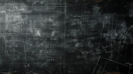A dusty black chalkboard with complex equations and diagrams written in white chalk, symbolizing education, learning, and academic research in mathematics. - obrazy, fototapety, plakaty