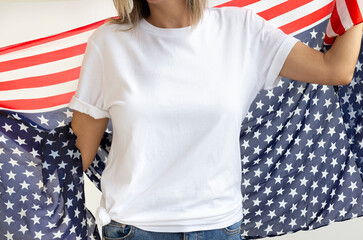 4th of July USA Independence Day , Girl White  t shirt mock up. Copy space  blank t-shirt model....
