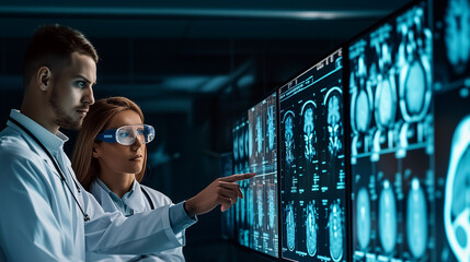 Healthcare teamwork in action: doctors analyzing intricate brain scans on advanced displays