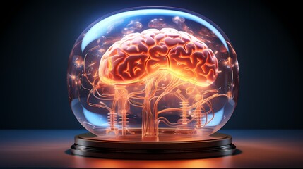 Ein Gehirn mit Kabeln und Drähten in einer Glaskugel. - obrazy, fototapety, plakaty