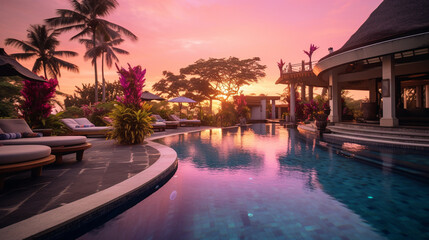 Obraz na płótnie Canvas villa, blue pool, watermelon, birds of paradise, purple orange sky created with Generative Ai