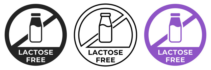 Lactose free icon. No lactose forbidden label. Dairy free ban or prohibition logo, illustration, badge, symbol, stamp, sticker, emblem or seal isolated.