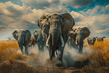 Elefanten in der Wildnis - Herde von vorn  - obrazy, fototapety, plakaty