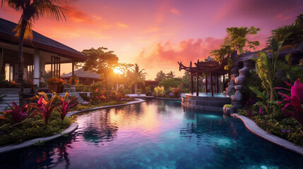 Fototapeta na wymiar villa, blue pool, watermelon, birds of paradise, purple orange sky created with Generative Ai