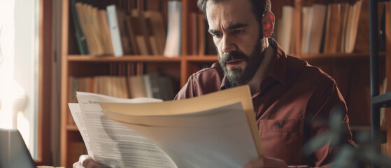 Intently focused man reviews important documents in a warm, book-lined study. - obrazy, fototapety, plakaty