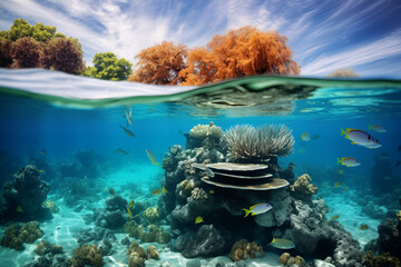 A magnificent coral reef under clear turquoise waters, bustling with diverse marine life....