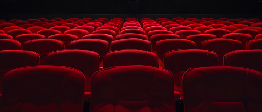 A dramatic expanse of empty red theater seats awaits an audience to spring to life under the spotlight.