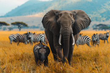 Elefanten in der Wildnis - Mutter und Kind vor Zebraherde - obrazy, fototapety, plakaty