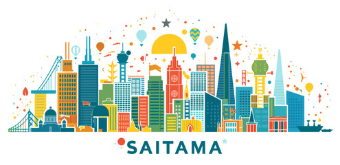 a picture of a city skyline with the name of the city: SAITAMA - obrazy, fototapety, plakaty