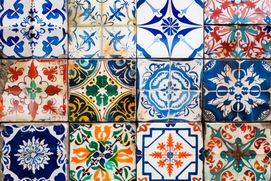 Traditional ceramic tile patterns from Portugal. Vibrant and colorful mosaic of traditional Portuguese ceramic tiles with intricate floral and geometric patterns