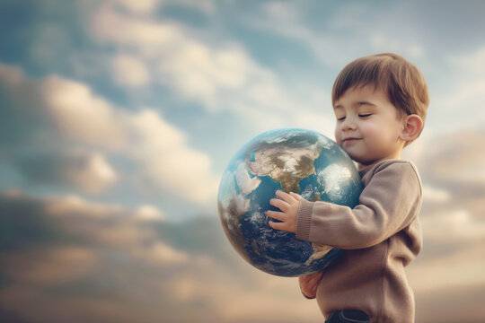 Cute kid close up holding planet