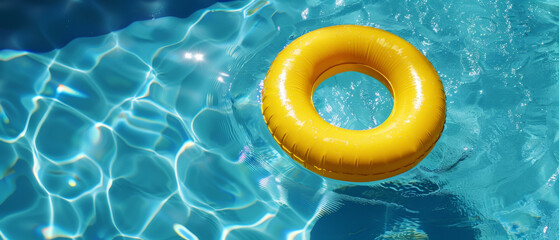 Tranquil scene with a yellow pool float on sparkling water under sunlight.