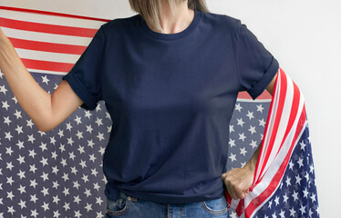 Woman with USA flag and blank navy blue t shirt. Blank girls Blue tshirt 4th of July USA...