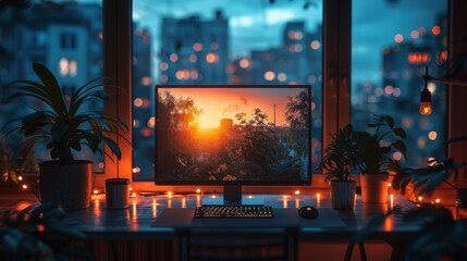 A computer monitor is on a desk with a city view in the background