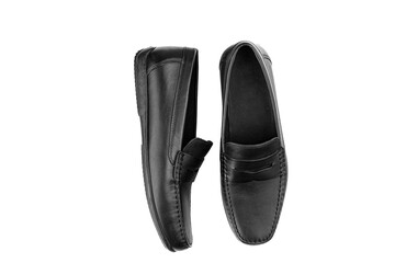 men's pair of black moccasins on isolated white background close-up
