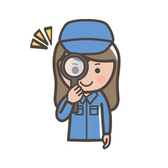 虫眼鏡を持って点検をするイメージの女性作業員、清掃員のイラスト