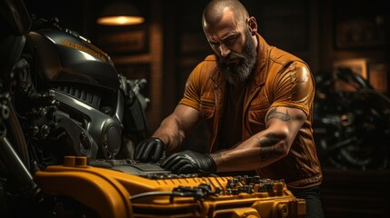Mechanic carefully inspecting engine oil level on a vehicle for maintenance check