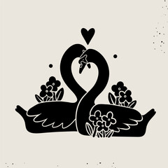 Two swans, flowers, heart. Black silhouette. Linocut style. Hand drawn Vector illustration. Isolated design element. Icon, ornament, print, sticker, tattoo, decoration template. Love, romance concept