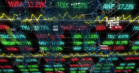 Image of data processing and stock market over world map on black background