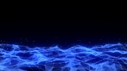 Abstract technology wave of particles and lines. Big data visualization. Background with motion dots. Artificial intelligence.